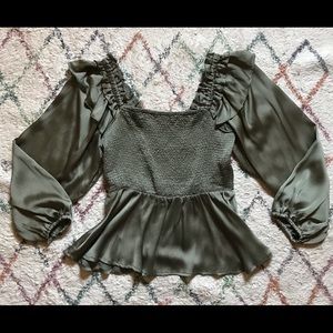 NWOT Green Satin Like Babydoll Smocked Chest Blouse